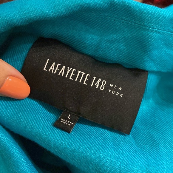 Lafayette 148 Linen Blazer Jacket Sz L Turquoise Blue 3/4 Sleeves - Picture 5 of 6
